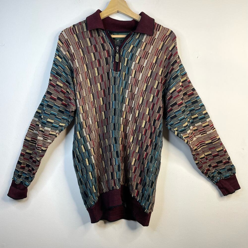 Tundra Vintage Mercerized Cotton Zip Textured Grandpa Slim Fit sweater Mens L